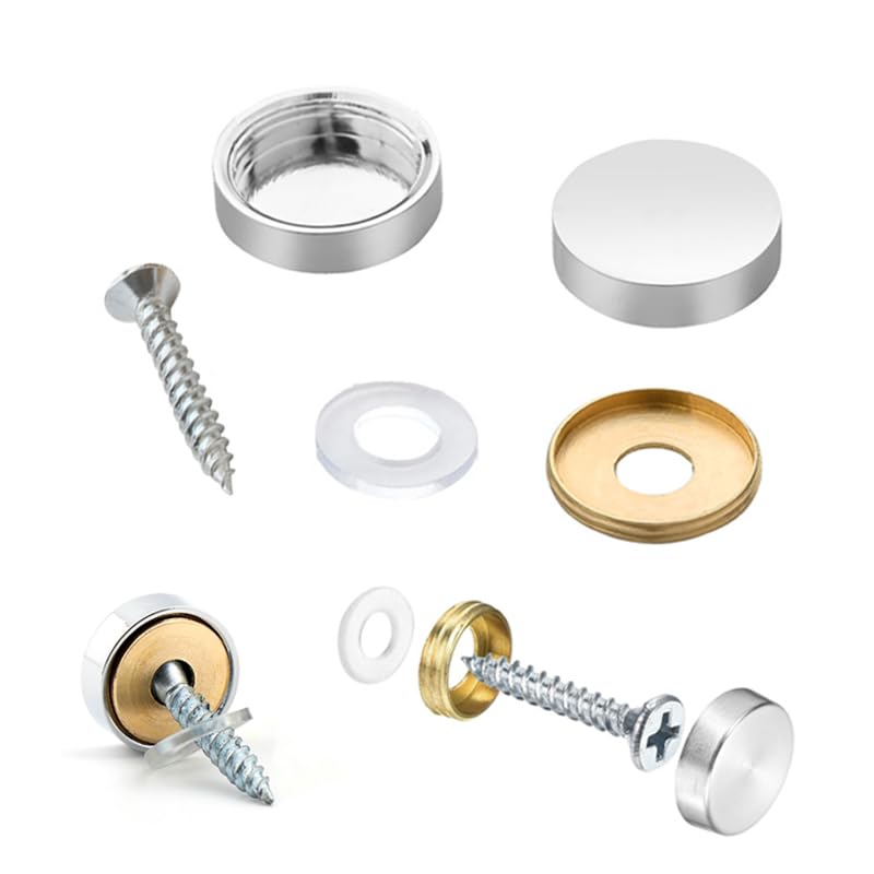 Wopanxye 8 Set 25mm Mirror Screws with Decorative Cap Brass Chrome Cover Stainless Steel Nails w/Washer for Coffee Tables Bath Plates Wardrobes Wood Furniture Bathroom Panels Glass Signboard
