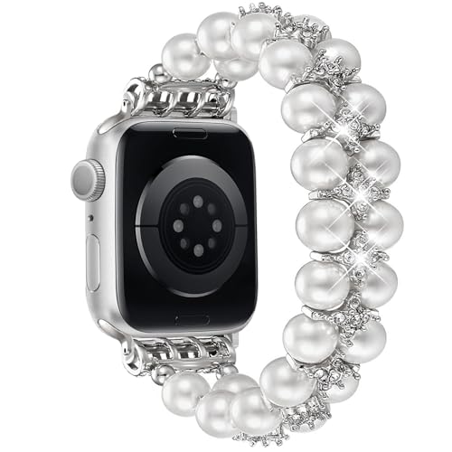 DEALELE Bands Pearl Compatible with Apple Watch 49mm / 46mm / 45mm / 44mm / 42mm, Bling Diamond Pearl Beads Handmade Elastic Bracelet for iWatch 10 9 8 7 6 5 4 SE Ultra 3 2 1 Women, White