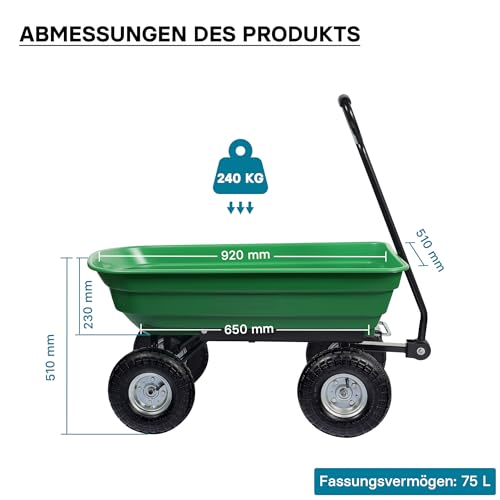 Wiltec Gartenwagen mit Kippfunktion bis 240 kg, Handwagen mit 75 l Volumen, Bollerwagen für Gartenarbeit, Handkarren für u. a. Rasen, Kies u. Schlamm