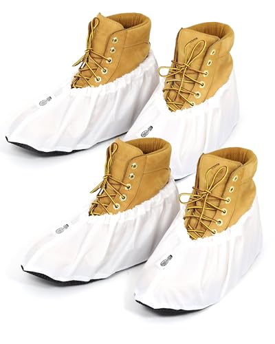 2 Pairs Non Slip waterproof Reusable shoe Covers for contrators and Carpet Floor Protection, Machine Washable. WHITE LARGE