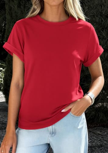 Image of PRETTYGARDEN Womens Summer Tops Short Sleeve Shirts | Lightweight Stretchy Knit,Rolled Sleeves,Crewneck Basic Tees,Loose Fit Daily T Shirt,Casual Work Travel Vacation Outfits