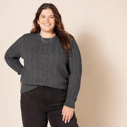 Image of Amazon Essentials Women's Regular Fit Soft Cotton Cable Knit Ribbed Crewneck Sweater (Available in Plus Size)