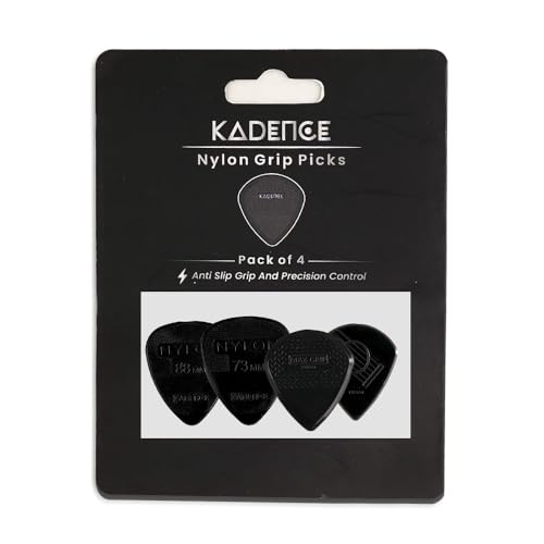 Image of Kadence NG4 Jamming Series Nylon Guitar Picks (Pack of 4) | 0.73, 0.88, 1.55 & 1.80mm Plectrums | Anti-Slip Grip for Precision Control | For Acoustic, Electric & Bass Guitars | Black