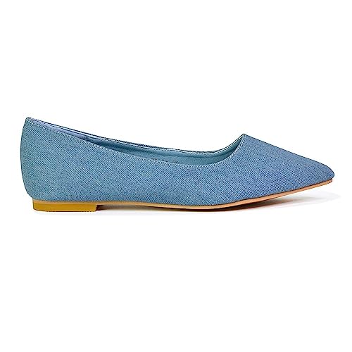 Image of ESSEX GLAM Womens Slip On Pumps Ladies Flat Pointed Toe Casual Work Ballet Shoes 3-8 Denim