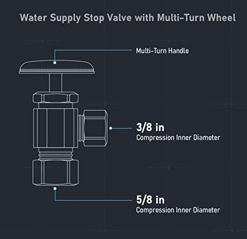 Image of Midline Valve 71358QS-OM-5 Water Supply Stop Valve with Multi-Turn Wheel; Angle Shut-off for Toilet, Sink, Dishwasher, Heater; 5 /8'' x 3 /8'' Compression; Chrome Plated Brass (5 PK)