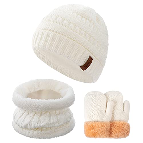 Image of 3 Pack Winter Beanie Hat Scarves Gloves for Boys Girls 2-6-10-14 Years Boys Girls Thermal Warm Thick Knit Fleece Lined Set