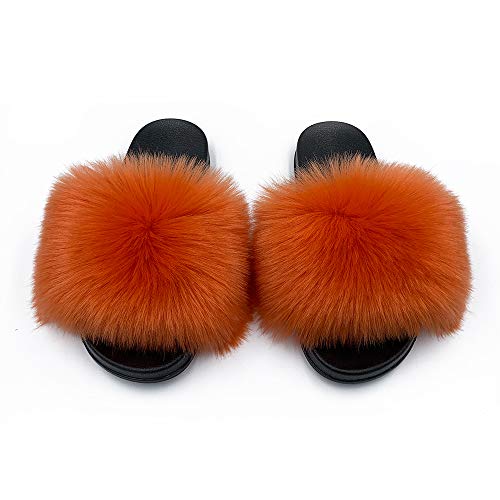 Image of Women's Faux Fur Slides Slippers Fluffy Fuzzy Sandals Open Toe Furry Slide Flip Flop Indoor Outdoor