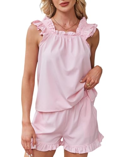 Image of Wyeysyt Summer PJs for Women Set, Womens Floral Pajama Set Trim Cami Top and Shorts 2 Piece Sleepwear Set
