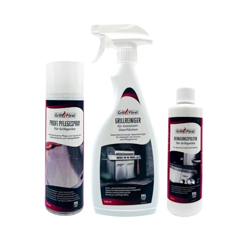 Grillfürst Grillreiniger-Set für Edelstahl Oberflächen Auffrischen/Pflegen/Imprägnieren - Grillreiniger, Pflegespray, Reingungspolitur -3er Set