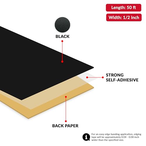 Image of Black PVC 1 /2 inch x 50 ft Edge Banding Tape Peel Stick Adhesive Veneer Edging Trim Wood Laminate Cabinet Furniture Plywood Formica Shelf Countertop Table Repair Strip Band Roll