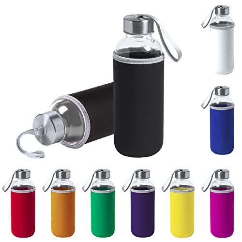 TIENDA EURASIA® Pack de 2 Botellas de Agua Cristal con Funda de Neopreno, 420 ml de Capacidad, con Tapon a Rosca y Cinta de Transporte, Bidon perfecto para Colegio, Camping, Ejercicio, Color Negro