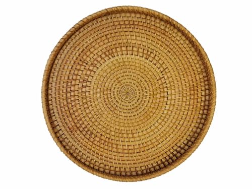 WEEMYY Hand Woven Rattan Serving Basket 11.02 inch - Round Platter for Fruit, Snacks, Appetizers, Bread, Breakfast, BBQs, Parties - Decorative Tray for Living Room, Kitchen, Dining Decor (Large)