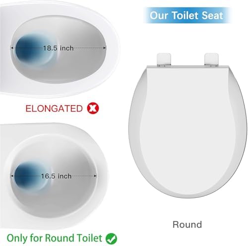 Homfan Durable Round Toilet Seat with Slow Soft Close - Easy to Install and Clean, Never Loosens - White, Fits Most Round Toilets