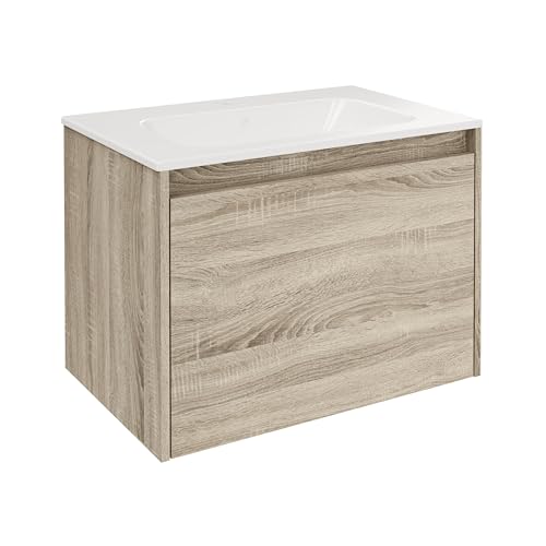 FACKELMANN Compact Line Waschbeckenunterschrank mit Keramikwaschbecken – 2-teiliges Badmöbel-Set in braun, 71cm breit, 1 Schublade, wechselbare Griffleiste – Made in Germany