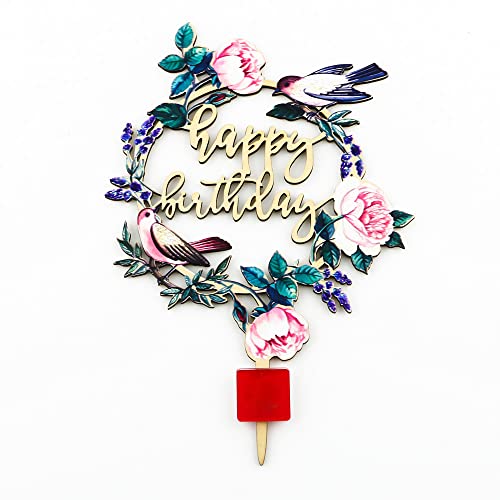 Gold Cake Topper Acrylic Cake Topper Happy Birthday Cake Topper Flower Bird Design For Girls Boys Kids Christmas Valentine's Day Party Favors Decoration Supplies 2 Pieces #TOP5