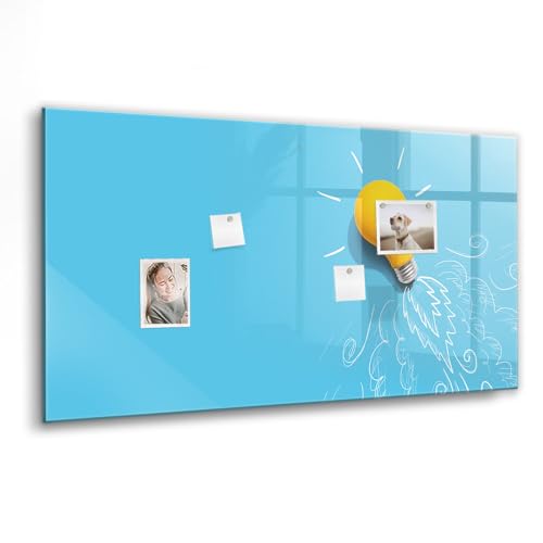 Pizarra de vidrio magnética grande con imanes de neodimio, rotulador y borrador | Ideal para oficina, coworking, escuela y reuniones - 120x60 - Dibujo de bombilla