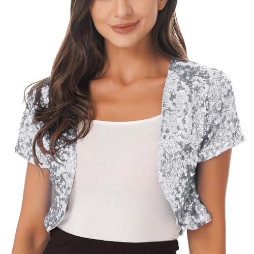 Cardigan à paillettes pour femme - Court - Ouvert - Manches courtes - Pour mariage - Boléro brillant - Pour fête - Clubwear - Élégant - Costume de...