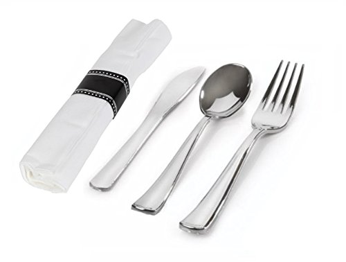CucinaPrime Individually Wrapped Disposable Table Settings - Includes Silver-Like Fork, Spoon, Knife and Cloth-Like Napkin - 50 Pack
