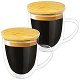 HomeyEra 12.5 oz Double Walled Glass Coffee Mugs (Set of 2), Clear Coffee Cups with Wood Lid Handle Demitasse Double Wall Cup for Latte Cappuccino Tea Italian tazas transparentes para cafe caliente