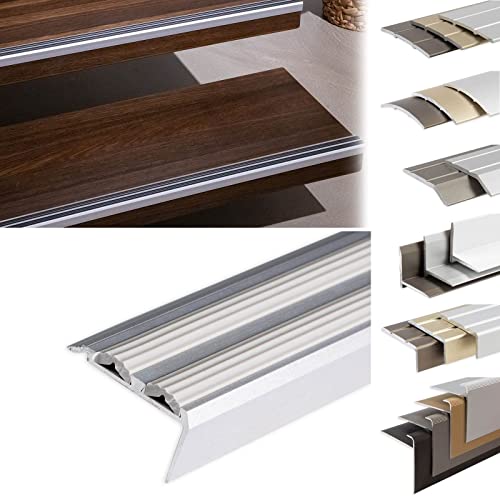 KARAT Profilés de nez de marches - En aluminium antidérapant - Avec matériel de montage - Profilés d'angle - Double caoutchouc Powergrip - Gris - 1340 x 42 x 20 mm - Pré-percés