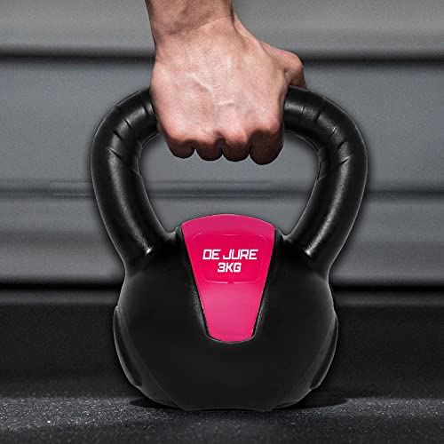 Image of De Jure Fitness PVC Kettlebell 3kg for Men & Women Strength & Cardio Training, Soft Grip, Crushed Concrete Filled, Full Body Workout Equipment for Home & Gym - Pink - Black
