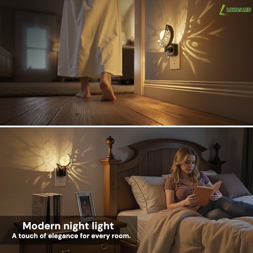 Image of L LOHAS LED Night Lights Plug into Wall: Moon Sphere Decor Landscape Night Light, Dusk to Dawn Sensor Glass Globe Nightlight, 0-100LM Dimmable, for Bedroom Living Room Hallway