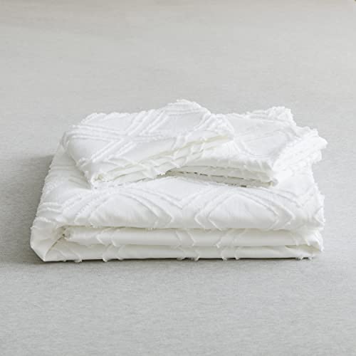 Jellymoni Ultra-Soft Microfiber 3Pcs Tufted Duvet Cover Set, White Boho Textured Bedding Cover Jacquard Rhombus Geometric Pattern Reversible Comforter Cover With Zipper Closure & Corner Ties (Full) #TOP5