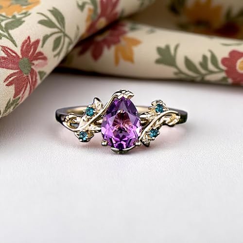 Amethyst ring vintage pear Amethyst engagement ring 14k rose gold twig leaf emerald bridal wedding ring women February birthstone ring gift2