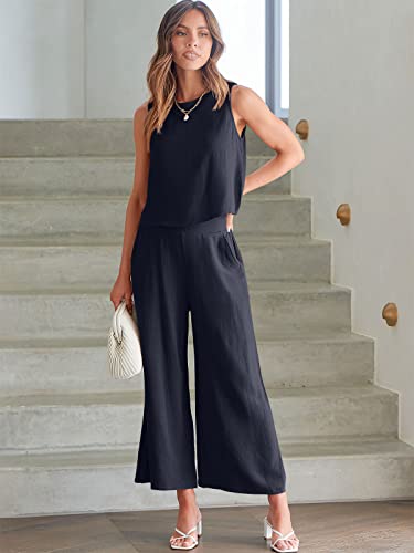 Image of ANRABESS Women's Summer 2 Piece Outfits Sleeveless Tank Crop Button Back Top Cropped Wide Leg Pants Set Pockets