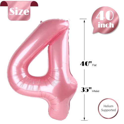 Image of Pearlescent Pink 4 Balloon, Number Balloons 40 Inch, 4th Birthday Decorations Four Large Numbers for Party Decor, Number 4 Balloon