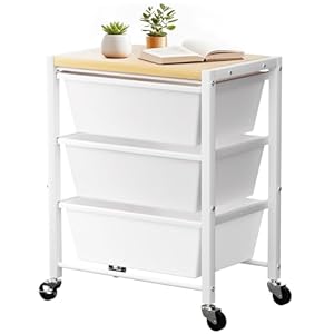Rolling Cart with 3 Drawers, Plastic Drawer Storage Carts with Lockable Wheels & Wooden Tabletop, Metal Utility Cart Organizer, Office Bedroom Classroom Craft Organization and Storage, Bright White