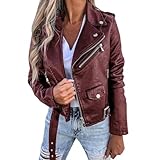 Chaqueta de Motociclista de Piel Sintética para Mujer, Abrigo de Invierno con Solapa y Cremallera, Chaqueta de Motociclista Corta de Piel Sintética para Mujer, Abrigo Fino Vintage para Primavera y