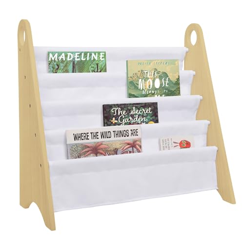Wildkin Kids Natural and White Modern Sling Bookshelf for Boys and Girls, Wooden Design Features Two Top Handles and Four Fabric Shelves, Helps Keep Bedrooms, Playrooms, and Classrooms Organized