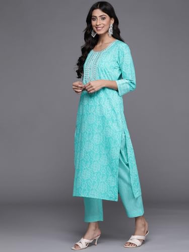 Kurta bleu d'exception brodé main ensemble pantalon coton Varanga S