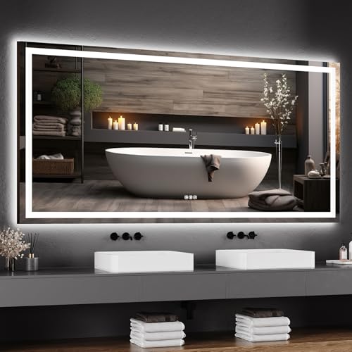 Image of GarveeHome 60x30 LED Bathroom Mirror with Lights, Dimmable, Anti-Fog, Backlit + Front Lit, Lighted Bathroom Vanity Mirror for Wall, Memory Function, Tempered Glass, Shatter-Proof (Horizontal /Vertical)