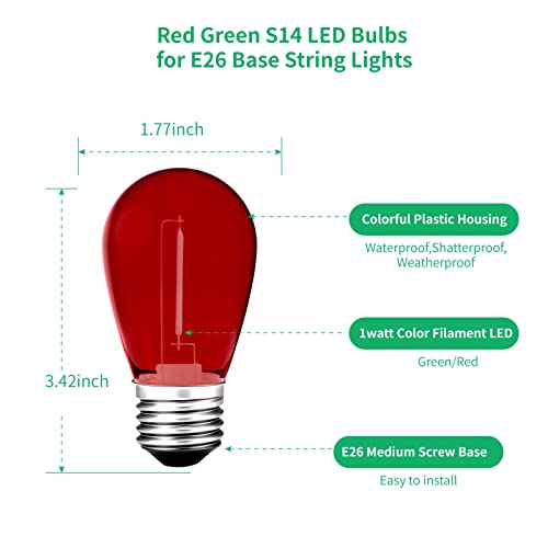 Meconard S14 Colored LED String Light Bulbs,1 Watt Plastic Shatterproof Waterproof Outdoor Indoor Replacement Bulbs for Home Decor, E26 Medium Base, Red Green Light Bulbs, 15Pack by Meconard - Image 3