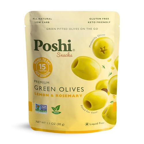 Image of POSHI Green Pitted Olive Snack Packs, Lemon & Rosemary, 1.1 oz (Pack of 30)