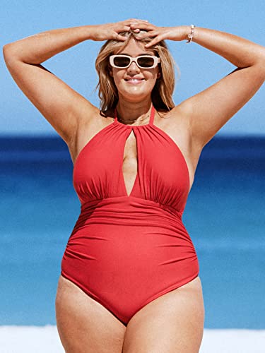 Cupshe Women Plus Size One Piece Swimsuit Halter High Neck Keyhole Ruched Tummy Control Bathing Suit, 0X Red #TOP2