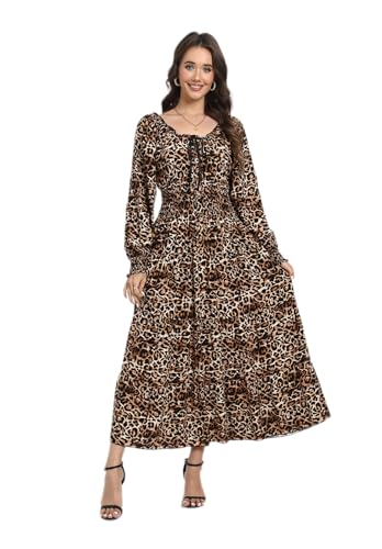 Image of OSTOO Women's 2026 Casual Long Sleeve Square Neck Smocked High Waist Flowy Maxi Dress,Boho Tiered Beach Party Dress
