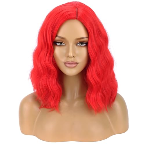 Image of BERON Red Wigs for Womens Short Curly Wavy Hair Wig Girls Red Colored 14 inch Shoulder Length Synthetic Costume Cosplay Party Halloween or Daily Use Wigs Wig Cap Included