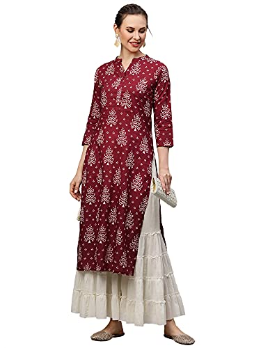 Image of INDO ERA Women's Cotton Straight Fit Printed Calf Length Straight Kurta(RRRRR2129)