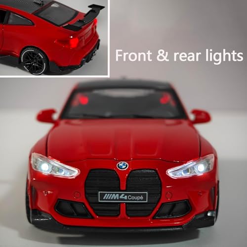 Image of Scale 1:32 B.M.W M4 - Red Alloy Diecast Pullback Metal Car Toy with Sound Light & Opening Doors - Great Gift Toy for Kids