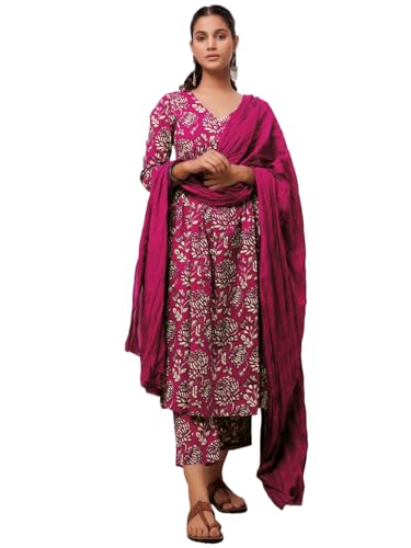 Image of GoSriKi Women's Cotton Blend Anarkali Printed Kurta with Pant & Dupatta