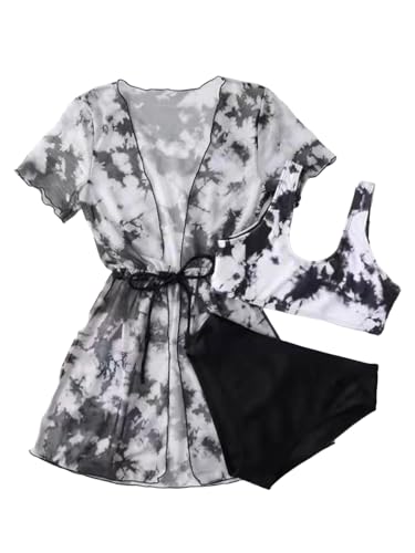 Image of Girl's 3 Piece Bikini Set Tie Dye Print Bathing Suit High Waist Swimwear with Kimono Cover Ups Black 160
