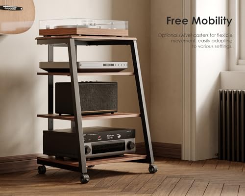 Foto von FITUEYES Design HiFi Rack aus Holz & Stahl, Plattenspieler Tisch mit verstellbaren Ablage, HiFi Regal für Plattenspieler & Stereoanlagen & Kompaktanlage, 61 x 52 x 78 cm