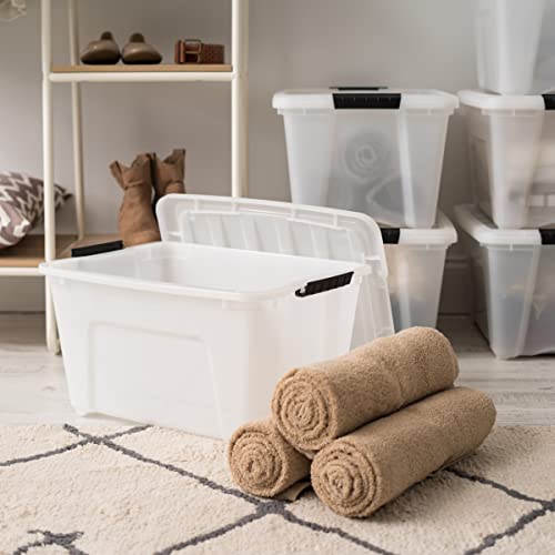Image of IRIS USA 32 Qt Stackable Plastic Storage Bins with Lids, 4 Pack - BPA-Free, Made in USA - Discreet Organizing Solution, Latches, Durable Nestable Containers, Secure Pull Handle - Pearl