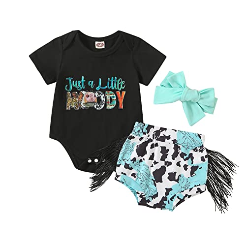 Image of Western Baby Girl Clothes Boho Cow Print Short Sleeve T Shirt Top + Bloomer Shorts Set Infant Summer Outfits (Tassel-Blue, 3-6 Months)