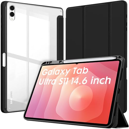 Image of Robustrion Cover Case for Samsung Galaxy Tab S11 Ultra 14.6 inch Cover with [S-Pen Holder], Hybrid Flip Cover Case for Samsung S11 Ultra Tablet 14.6 inch with Transparent Back [Auto Sleep Wake] - Black