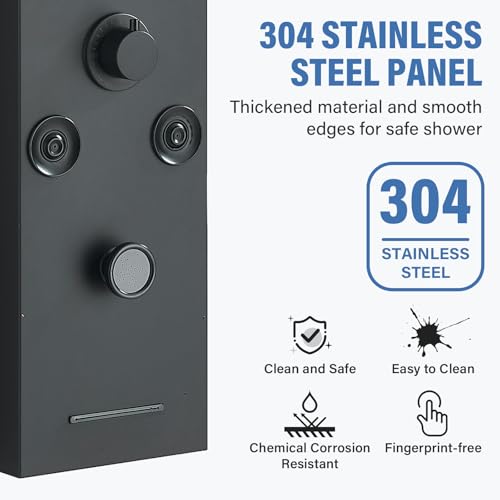 Image of FUZ Shower Panel Tower System, Stainless Steel 6 IN 1 Shower Panel System with LED Fancy Rain Shower Head and Handheld, Adujstable Rainfall Massage Body Jets and Tub Spout, Matte Black Shower Tower
