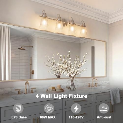 Image of 4-Light Bathroom Light Fixtures 25.7 Inch Brushed Nickel Vanity Lights for Bathroom Lighting Fixtures Over Mirror with Clear Striped Glass Shade for Mirror Bedroom Hallway